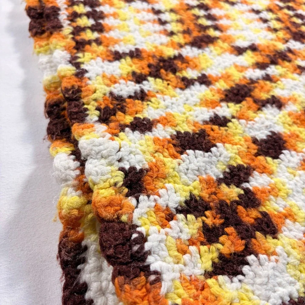 Vintage 70's Handmade Crochet Afghan Throw Blanket Orange Yellow Brown 64x44